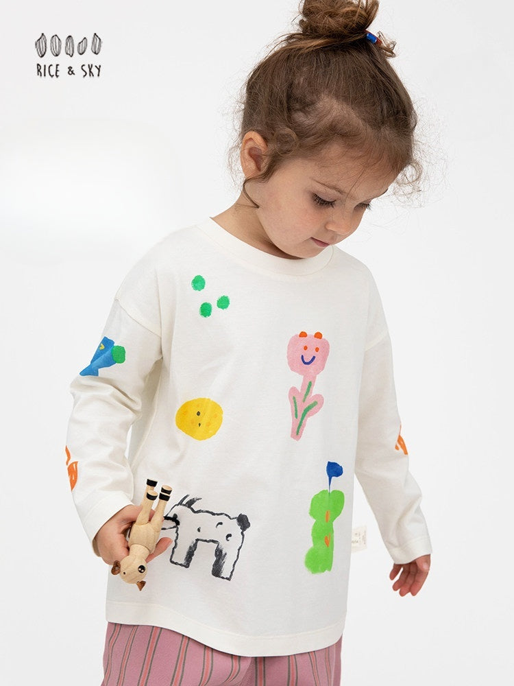 Camiseta de manga larga holgada con hombros caídos y estampado infantil [mh0014201]