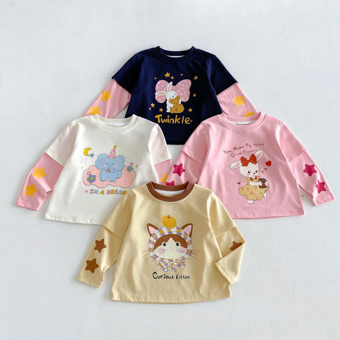 Camiseta de manga larga efecto doble capa con personajes infantiles para niños【mh0014041】