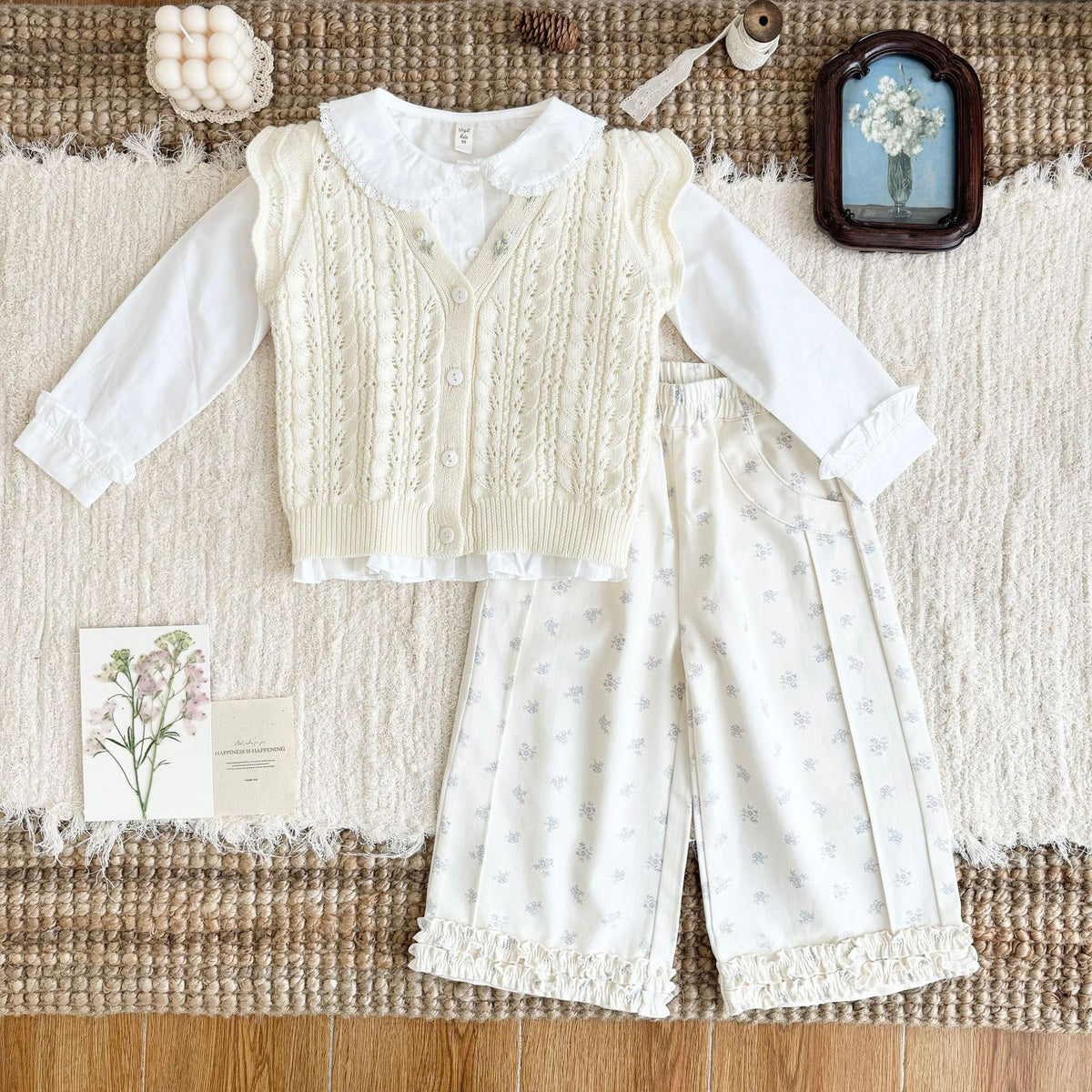 キッズ フラワー 透かし編み フリル 刺繍 ニット ベスト 長袖 ブラウス【mh0014609】