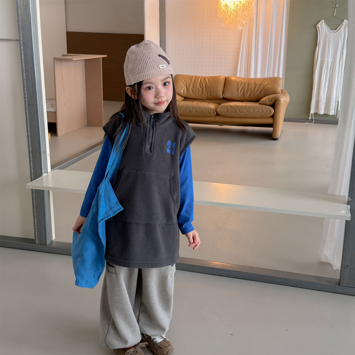 Kids' Embroidered Number Stand-Collar Half-Zip Fleece Long Vest【mh0014559】