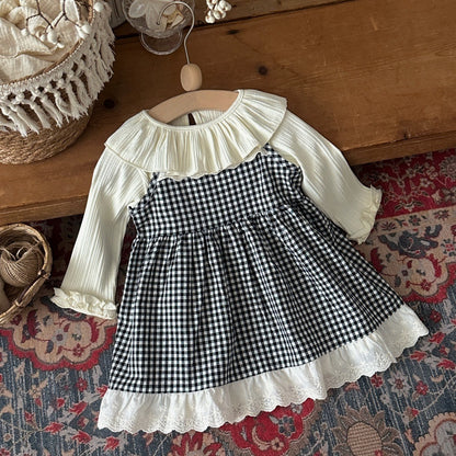 Vestido camisero de tirantes para bebé y niña con estampado de cuadros vichy, cuello con volantes, acabado en ondas y detalle de encaje, incluye camiseta de manga larga 【mh0014481】
