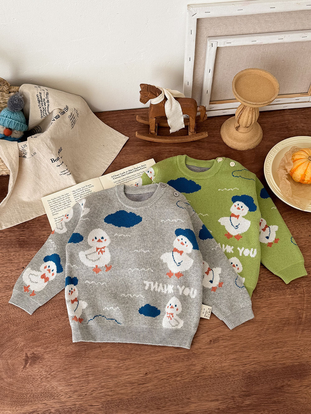 ニットセーター アヒル柄 厚手 クルーネック コットン ルーズフィット【mh0011690】