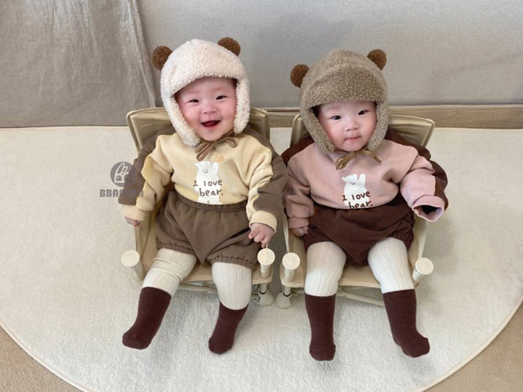 Bear Fleece Sweatshirt & Shorts Set クマ プリント 裏起毛 セットアップ【mh0012681】