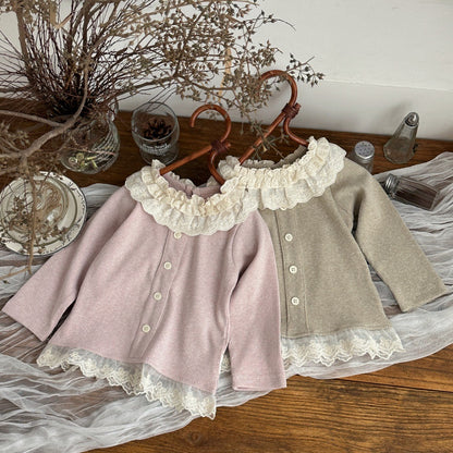 Camiseta de manga larga para bebés y niños, con cuello con volantes, bajo con volantes y botones frontales, tejido de canalé [mh0014486]