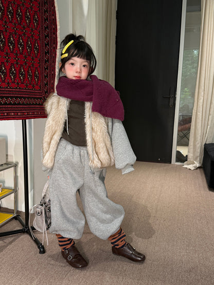 Kids' Set 2026 Winter Girls' Faux Fur Patchwork Sweatshirt Two-Piece Set, Thickened Fleece-Lined Kids Set Mo Xiao Meng【mh0014700】