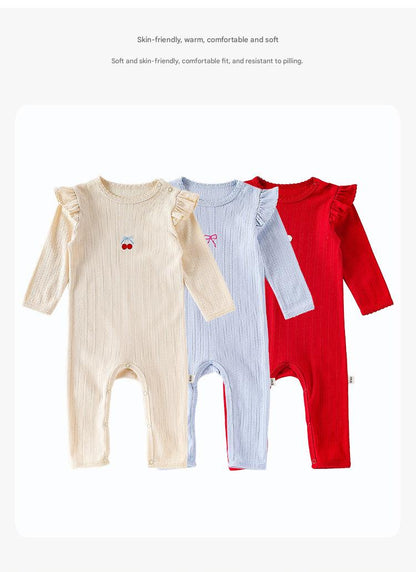 長袖ロンパース コットン フリル 刺繍 リブ カバーオール【mh0011699】