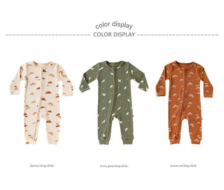 長袖ジャンプスーツ ジップアップ ブレッド クロワッサン 鳥 バード プリント カバーオール【mh0011730】