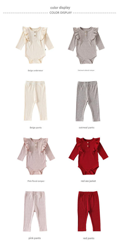 長袖ロンパース/パンツ ショルダーフリル 無地 ベーシック ボディスーツ【mh0011729】