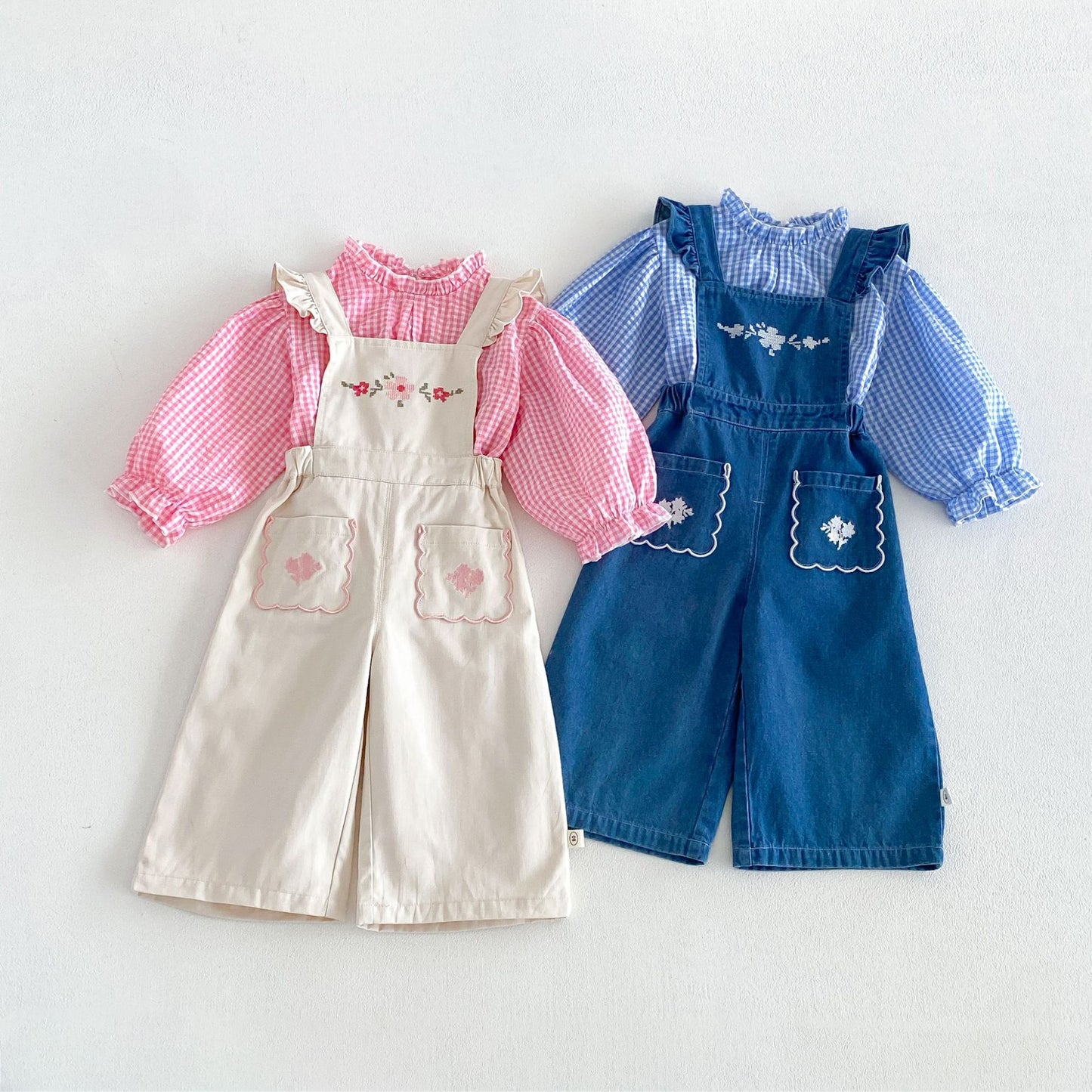 Blusa de manga larga con estampado de cuadros vichy para niños, con bordado floral y peto con pantalón [mh0014043]