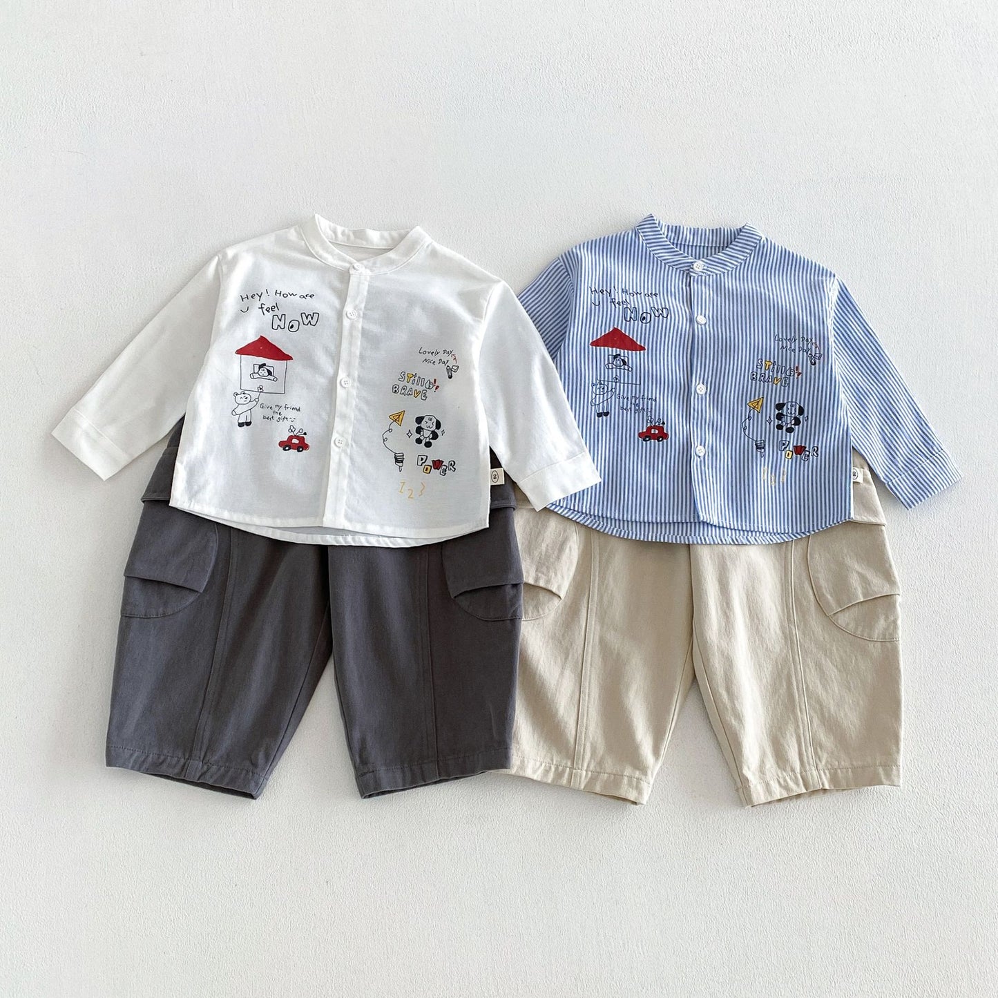 Camisa de manga larga con cuello alto, estampado de rayas y pantalón cargo para niños【mh0014028】