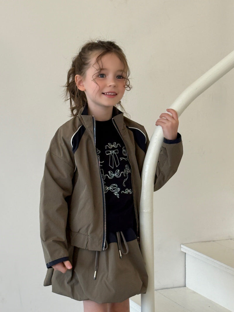 Kids' Colorblock Stand-Collar Long-Sleeve Jacket & Mini Skirt Set [mh0014079]