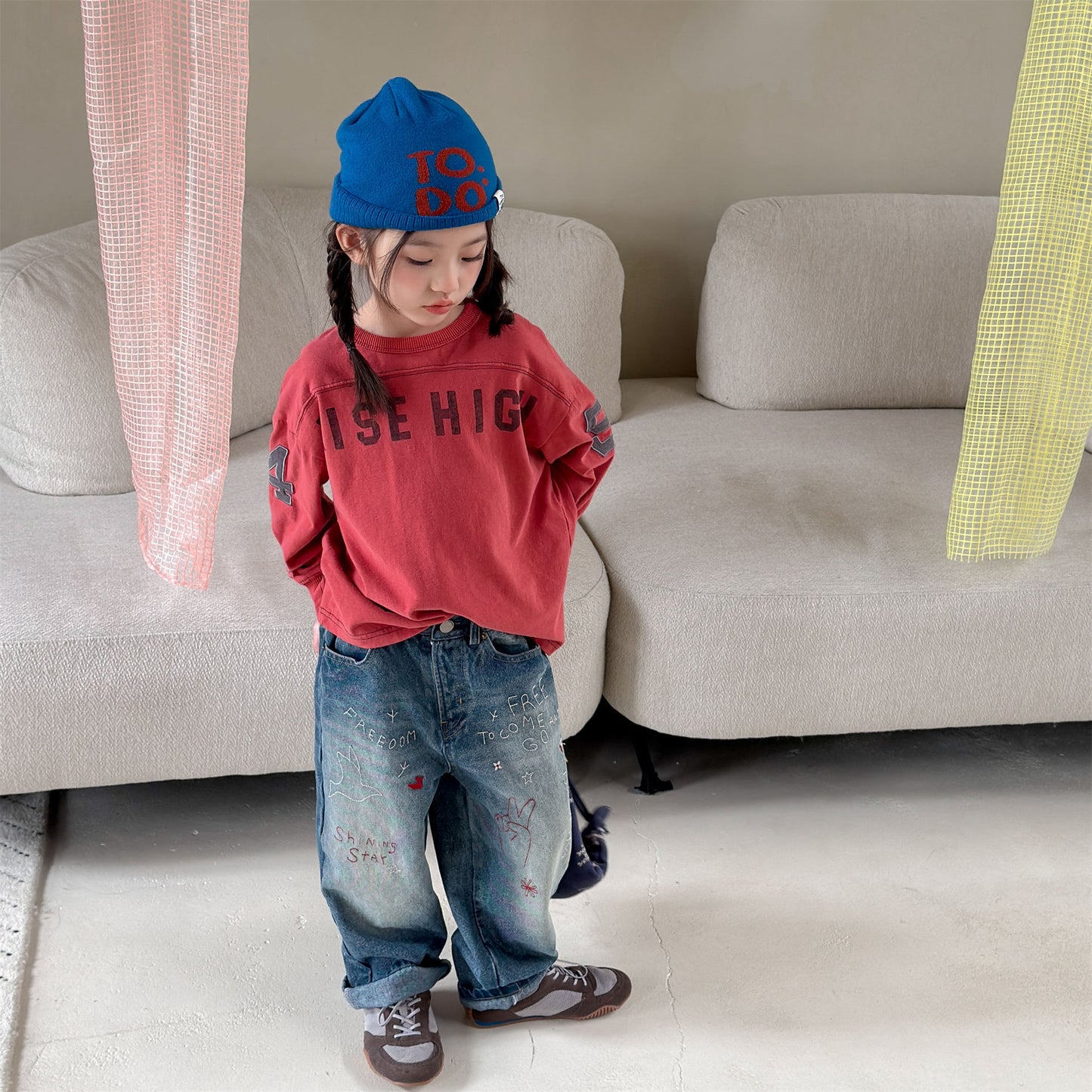 Kids' Hand-Drawn Print Pocket Loose Denim Pants [mh0014063]