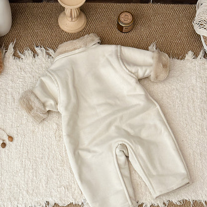 アウタージャンプスーツ 犬刺繍 ボア襟 フェイクムートン カバーオール【mh0011694】