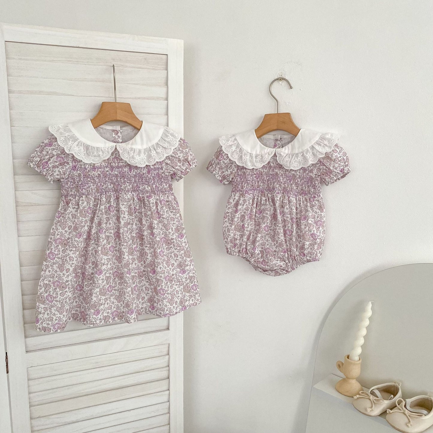 Floral Lace Collar Dress Romper Vestido con cuello de volantes y mangas cortas Mameluco de manga corta【mh0013156】