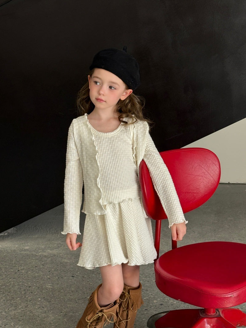Kids' Mellow Frill Waffle Knit Long-Sleeve Cardigan, Camisole, and Flare Skirt Set [mh0014077]