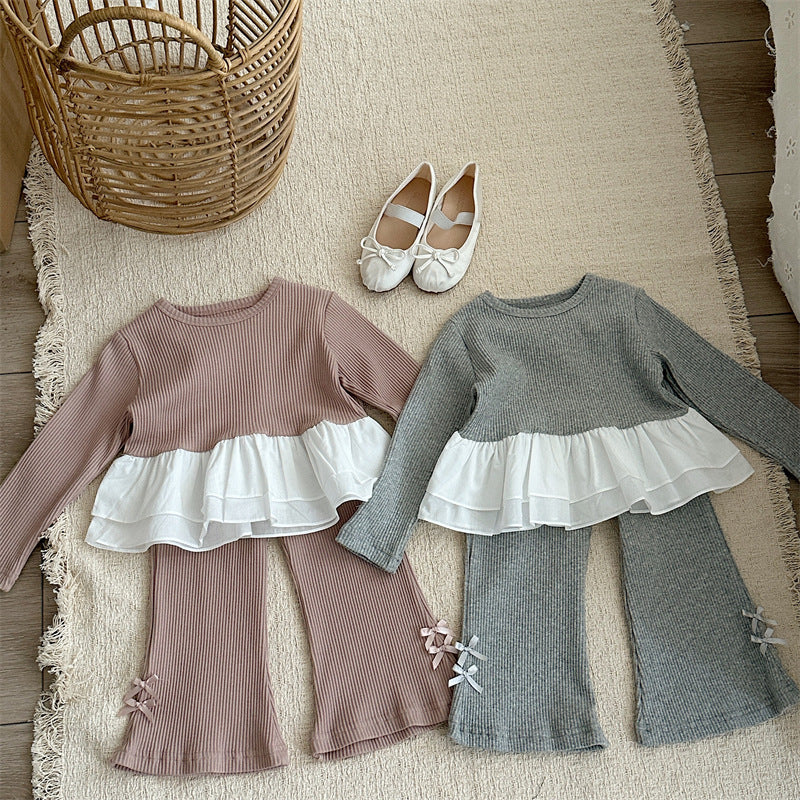 Conjunto de camiseta de manga larga acanalada con volantes y lazo para niña y pantalón acampanado【mh0014151】