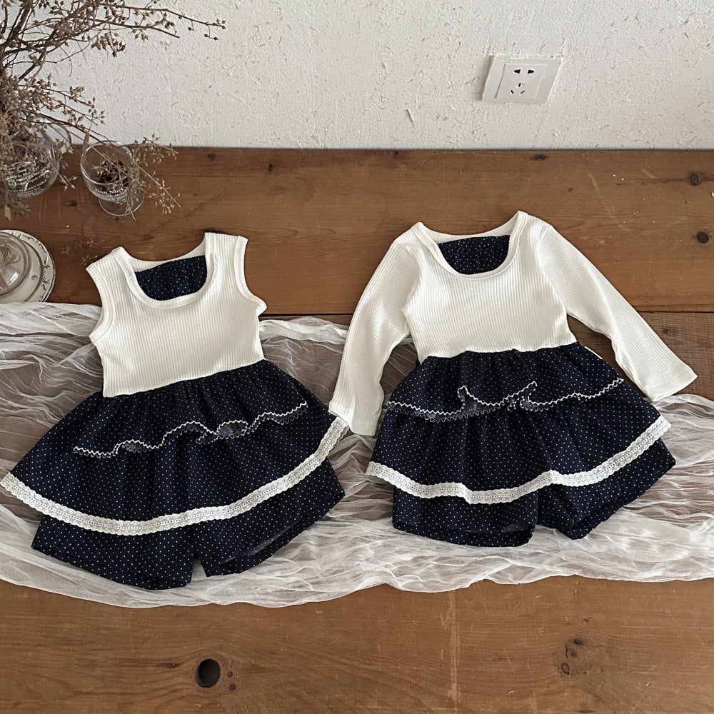 Baby Kids Polka Dot Ribbed Long Sleeve T-Shirt and Culottes Set