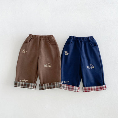 キッズ ロールアップ チェック 刺繍 裏起毛 ストレート ロングパンツ【mh0014767】