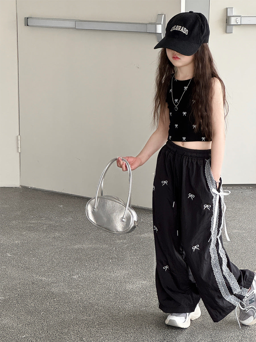 Ribbon Print Crop Top リボン ノースリーブTシャツ【mh0013064】