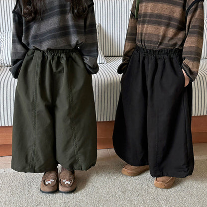 キッズ切り替えステッチルーズワイドパンツ、ダークグリーンと黒のワイドシルエット
