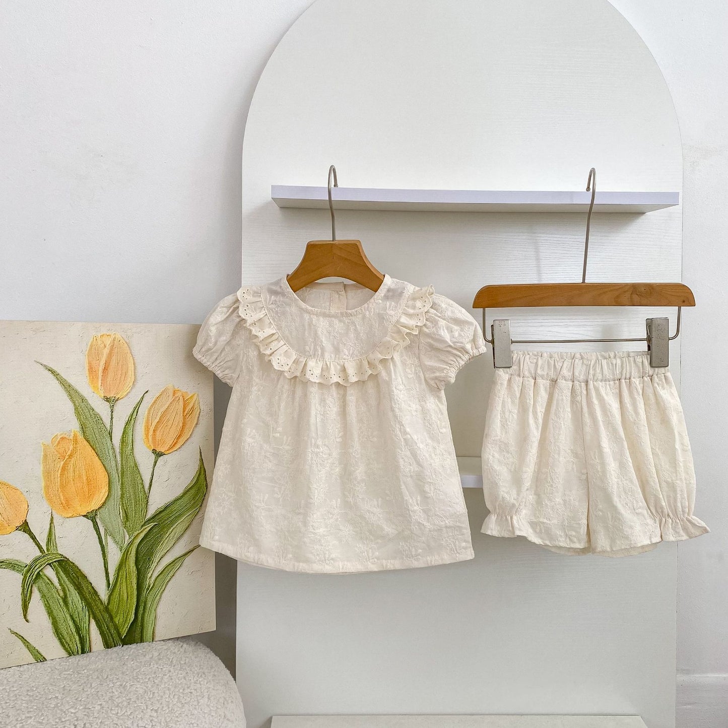 Embroidered Ruffle Romper And Blouse Shorts フリル ロンパース ブラウス ショートパンツ【mh0013163】