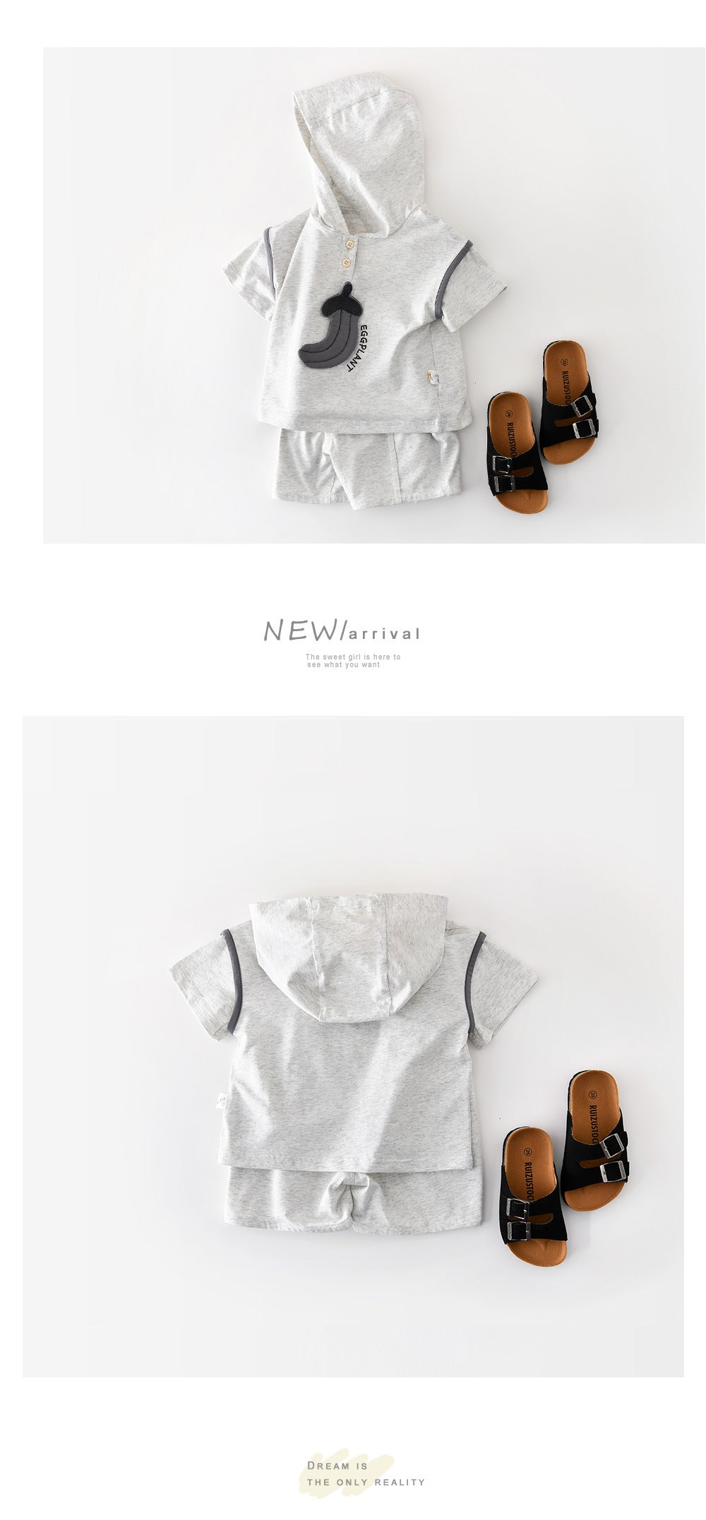 Cartoon Hooded Set Eggplant Print Short Sleeve Setup [mh0012852]