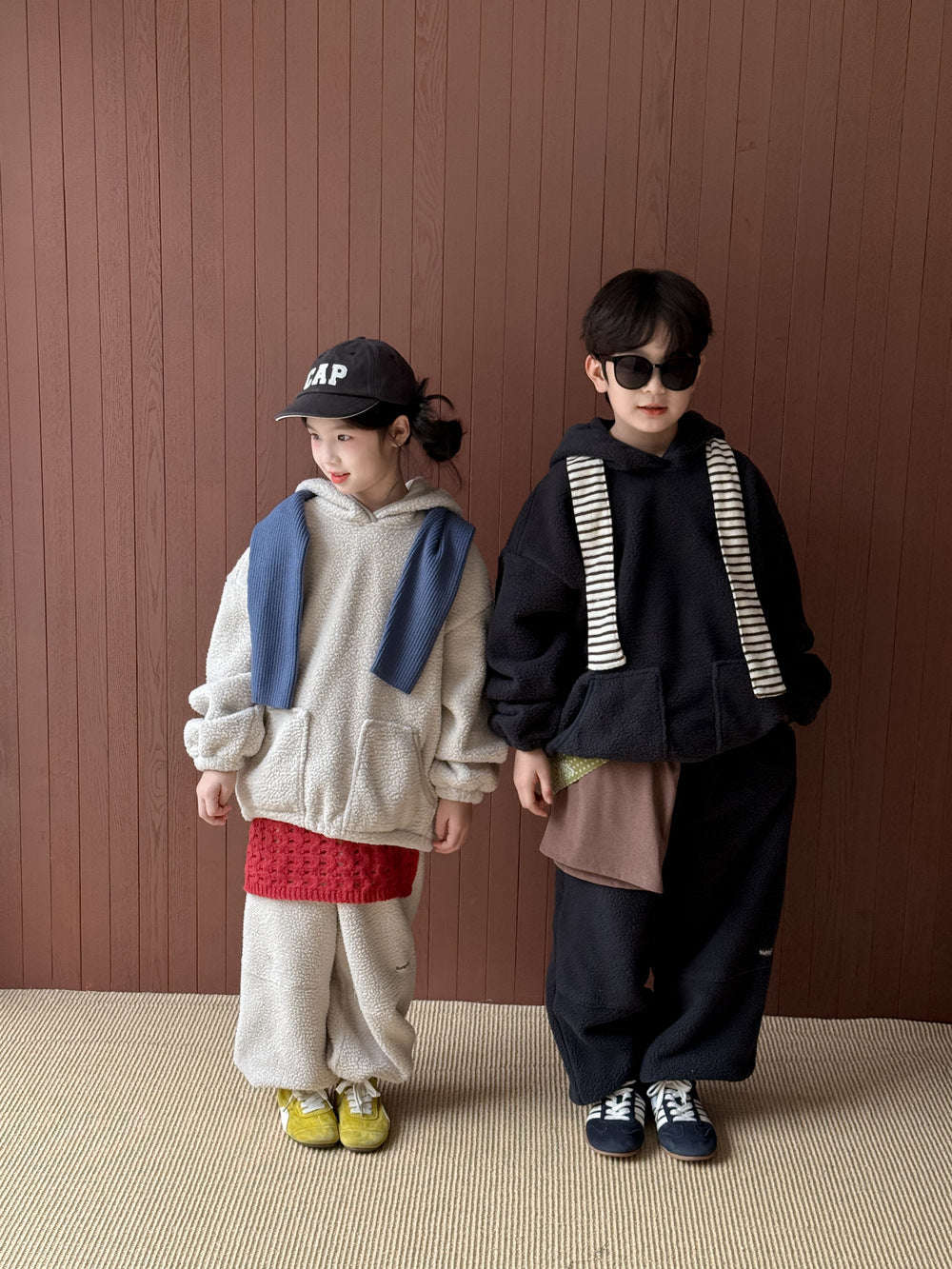 セットアップ キッズ 裏起毛 ボア 厚手 プルオーバー フード付 カジュアル【mh0011662】