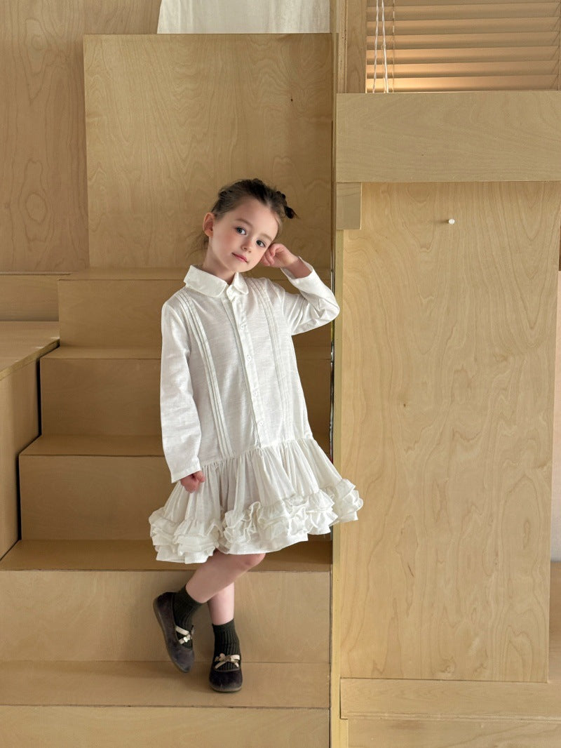 Kids' Ruffled Pintuck Front Button Long-Sleeve Shirt Dress