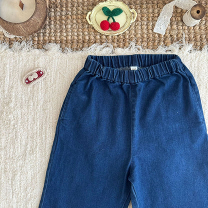 キッズ フラワー チェリー 刺繍 フリル ニット ベスト 長袖 ブラウス ワイド デニムパンツ【mh0014607】