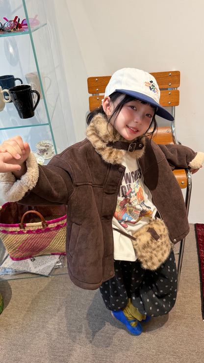Chaqueta de antelina con cuello de pelo de leopardo y pantalones largos de lunares para niños y jóvenes 【mh0014693】