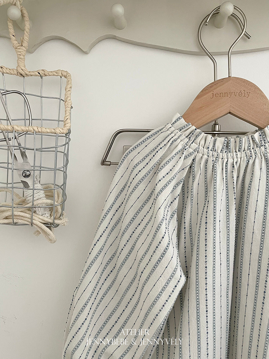 キッズ ストライプ ギャザーフリル フリルカラー 長袖ワンピース【mh0014656】