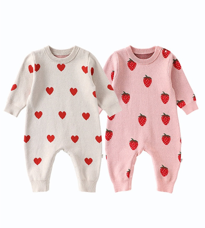 長袖ニットロンパース いちご/ハート ジャンプスーツ【mh0011727】
