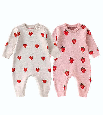 長袖ニットロンパース いちご/ハート ジャンプスーツ【mh0011727】
