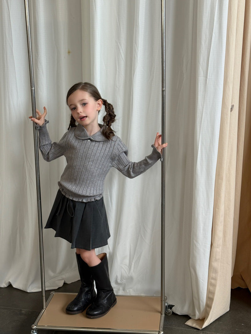 Kids' Ribbed Knit Round Neck Long-Sleeve Pullover with Frills