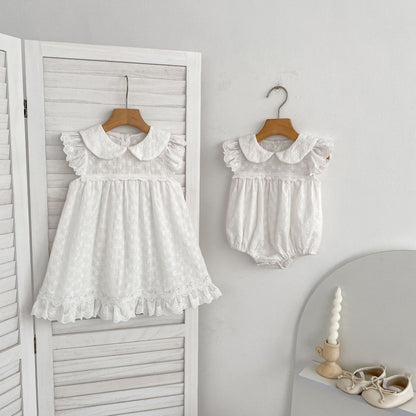 Lace Trim Doll Collar Romper Dress ラッフル ロンパース ミモレ丈ワンピース【mh0013160】