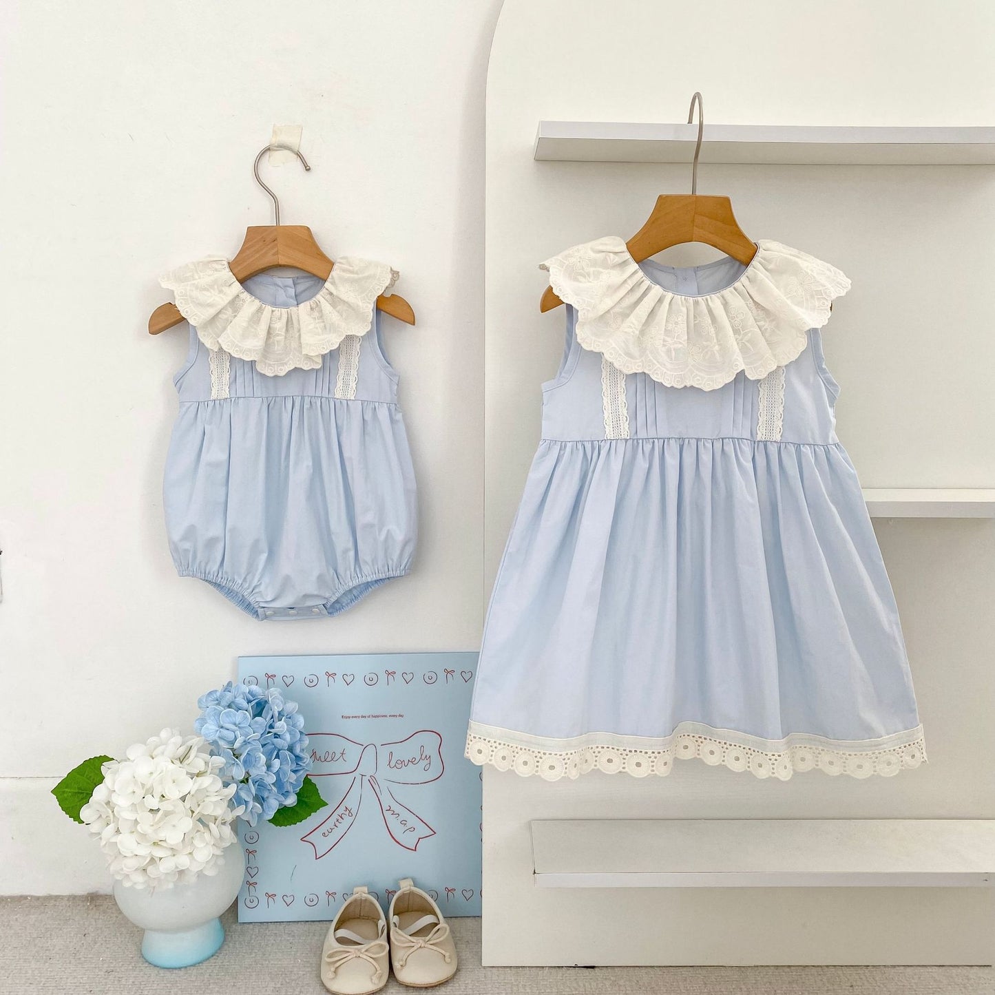 Vestido midi tipo pelele con cuello de encaje con volantes【mh0013162】