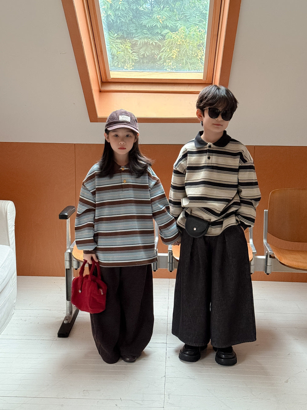 長袖ポロシャツ キッズ ボーダー柄 裏起毛 厚手 ゆったり カジュアル トップス【mh0011669】