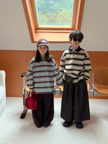 長袖ポロシャツ キッズ ボーダー柄 裏起毛 厚手 ゆったり カジュアル トップス【mh0011669】