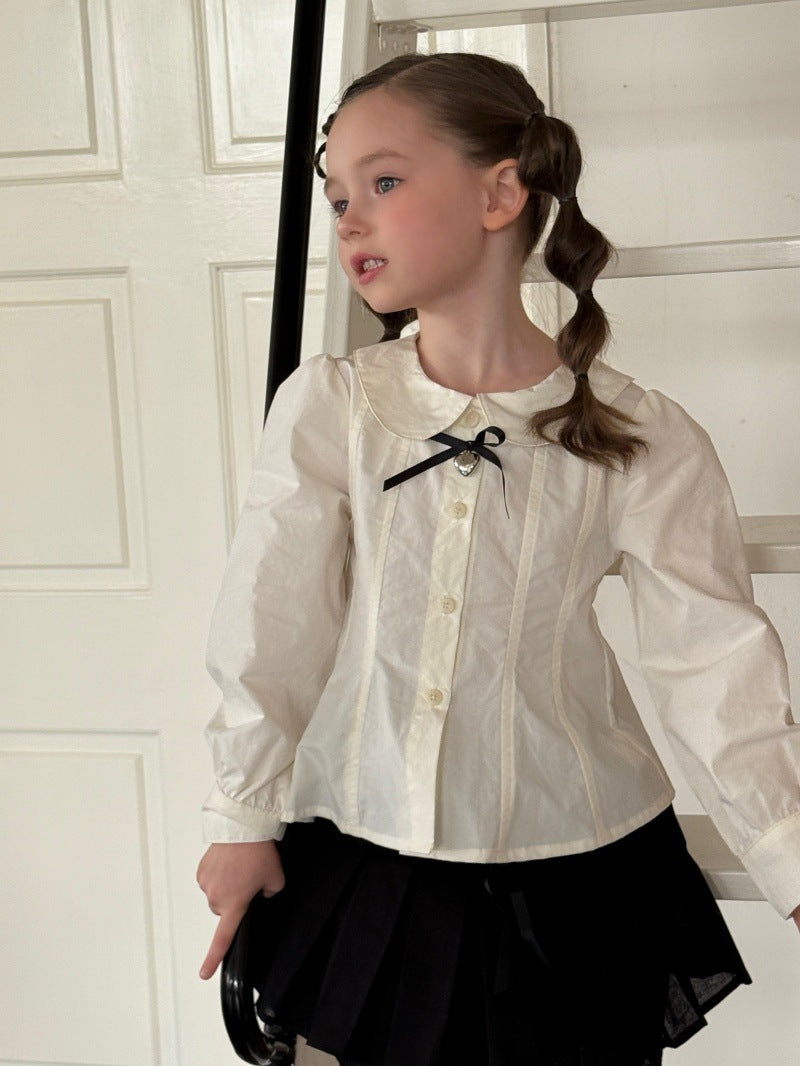 Kids' Peter Pan Collar Long-Sleeve Blouse with Front Ribbon and Pintucks [mh0014070]