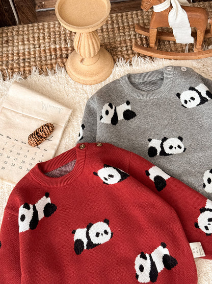 ニットセーター パンダ柄 厚手 クルーネック カジュアル トップス【mh0011691】