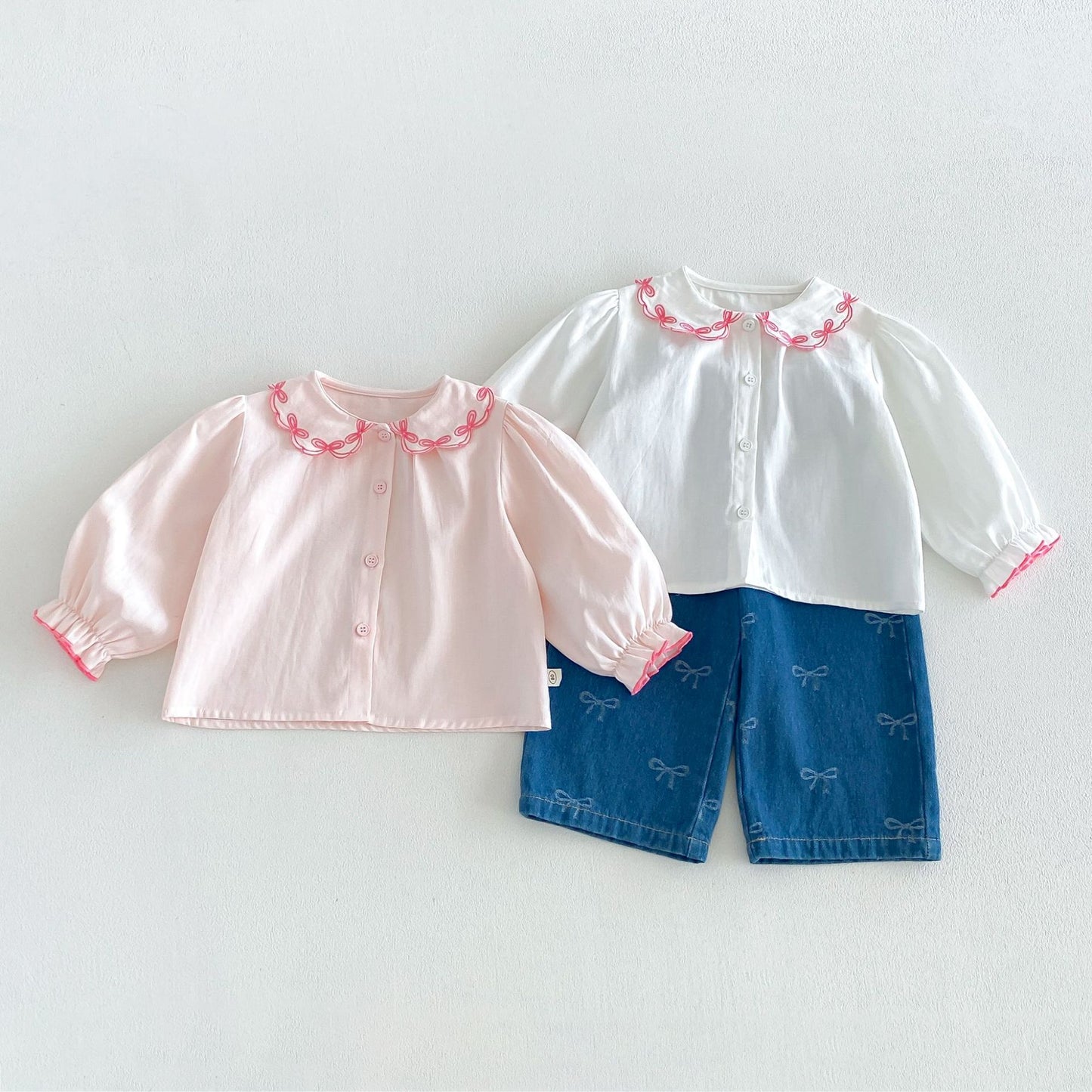 Blusa de manga larga para niños con cuello con volantes y ribetes 【mh0014047】