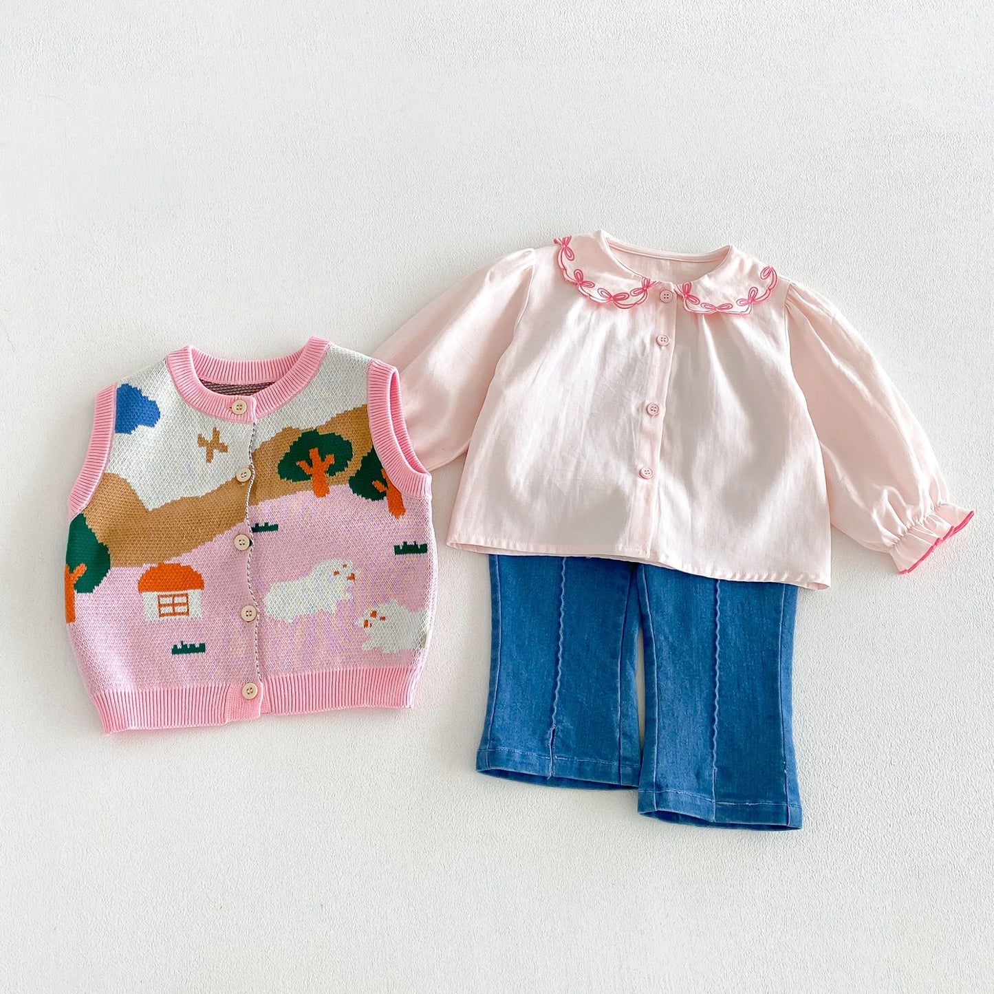 Chaleco de punto jacquard para niños, camisa de manga larga con volantes, pantalones vaqueros【mh0014038】