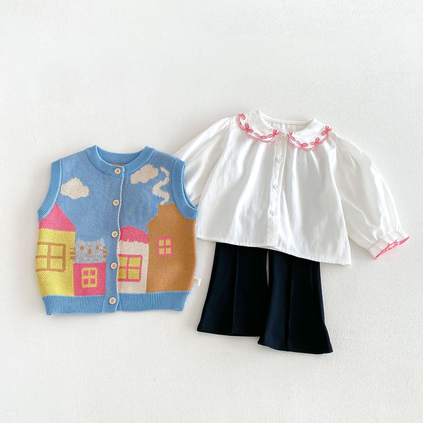 Chaleco de punto jacquard con motivo de casa para niños, cuello con volantes, blusa de manga larga y pantalones acampanados【mh0014046】