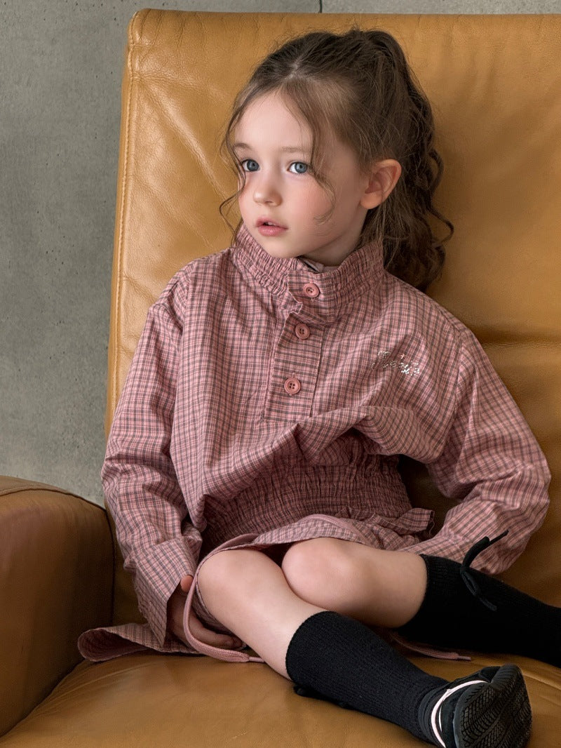 Kids' Plaid Stand-Collar Ruffled Long-Sleeve Shirt and Miniskirt Set [mh0014078]