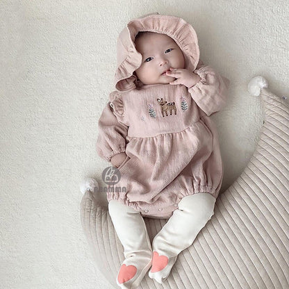 Fawn Embroidered Ruffle Bodysuit 小鹿 刺繍 フリル 長袖ロンパース【mh0012696】