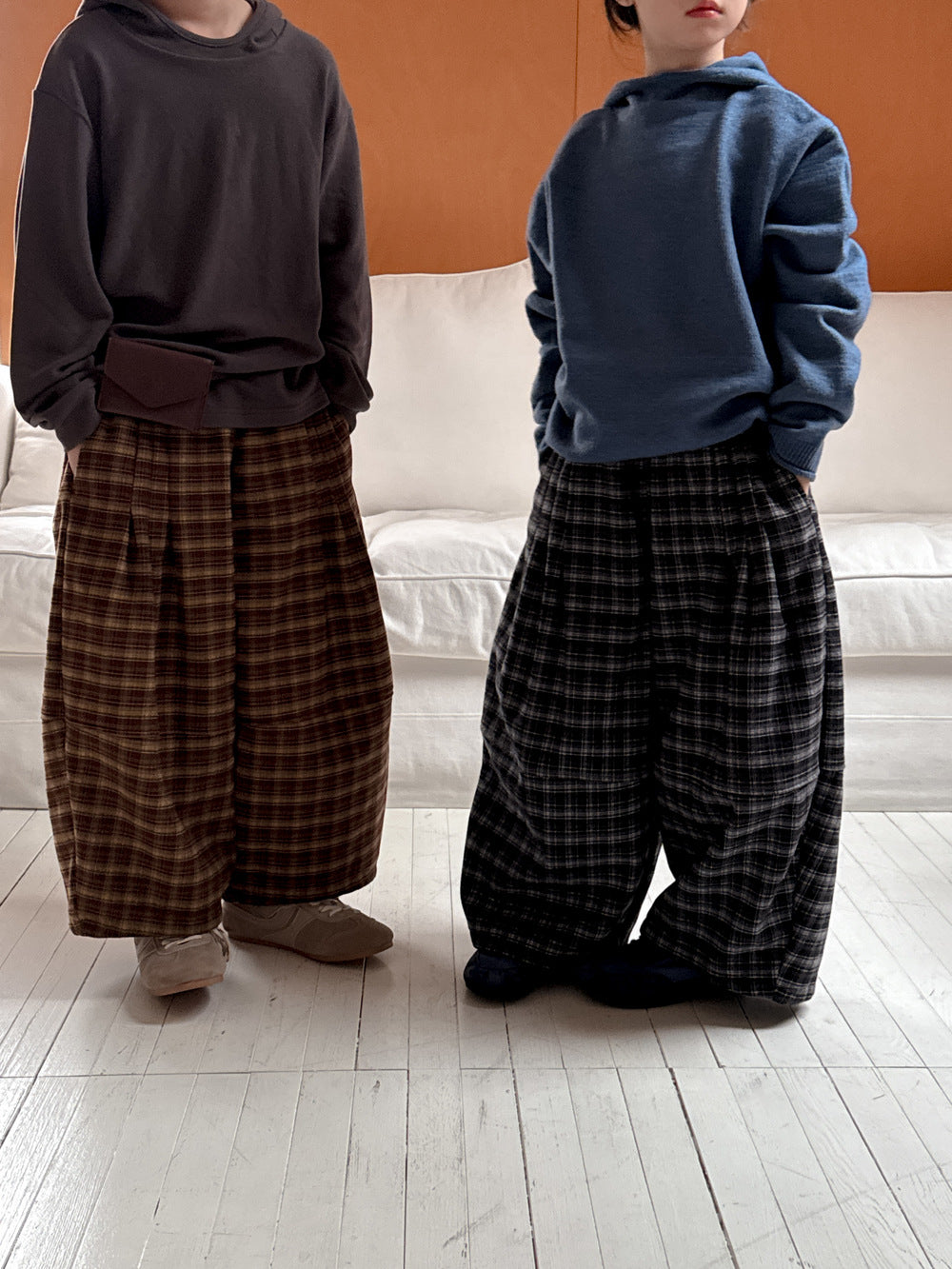 ワイドパンツ キッズ 裏起毛 厚手 チェック柄 ゆったり ルーズ ダッドパンツ【mh0011665】