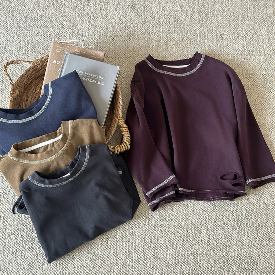 Kids' Distressed Stitch Loose Crewneck Long Sleeve T-Shirt [mh0014304]