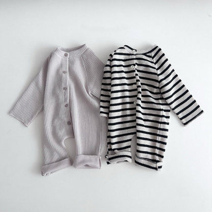 Body de bebé de punto canalé a rayas con botones frontales y manga larga【mh0014649】