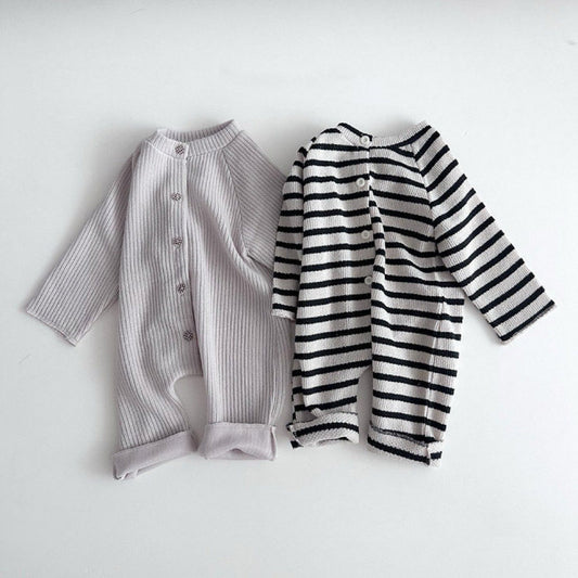 Body de bebé de punto canalé a rayas con botones frontales y manga larga【mh0014649】