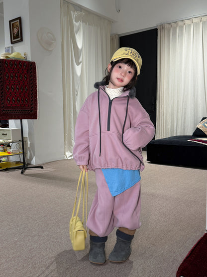 Children's Set 2026 Winter Girls' Fur Collar Patchwork Fleece-Lined Two-Piece Set, Loose Casual Style by Mo Xiao Meng【mh0014696】